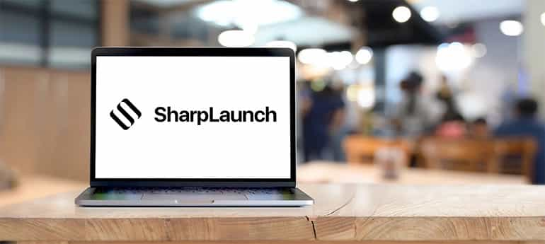 Sharplaunch logo on a laptop screen